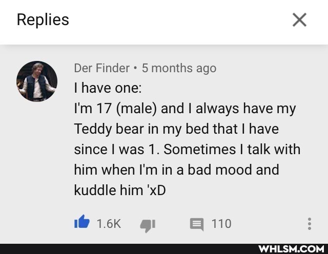 Replies
Der Finder 5 months ago
I have one:
I'm 17 (male) and I always have my
Teddy bear in my bed that I have since I was 1. Sometimes I talk with him when I'm in a bad mood and kuddle him 'xD
110
Wick gi 110