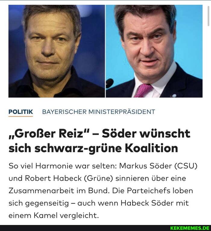 POLITIK BAYERISCHER MINISTERPRÄSIDENT
"Großer Reiz" Söder wünscht sich schwarz-grüne Koalition
So viel Harmonie war selten: Markus Söder (CSU) und Robert Habeck (Grüne) sinnieren über eine
Zusammenarbeit im Bund. Die Parteichefs loben sich gegenseitig - auch wenn Habeck Söder mit einem Kamel vergleicht.