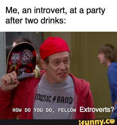 Me, an introvert, at a party
after two drinks:
HoW DO YOU DO, FELLOW Extroverts?