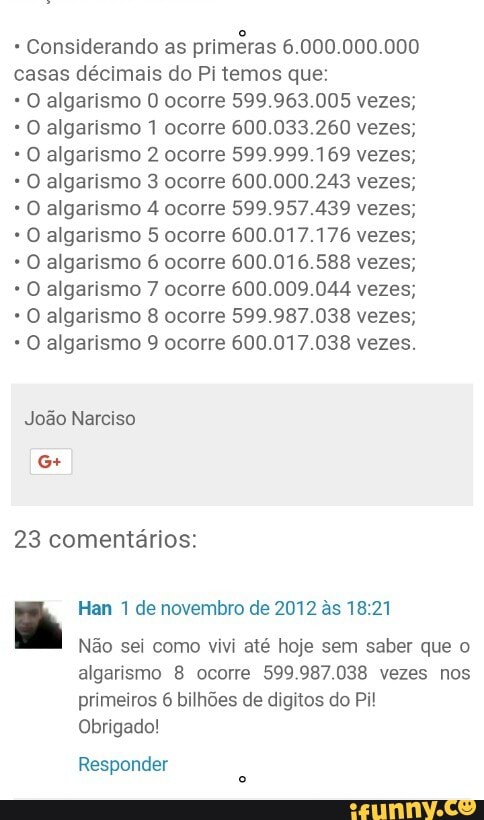 Considerando as
priméras 6.000.000.000
casas décimais do Pi temos que:
O algarismo O ocorre 599.963.005 vezes;
O algarismo 1 ocorre 600.033.260 vezes;
O algarismo 2 ocorre 599.999.169 vezes;
O algarismo 3 ocorre 600.000.243 vezes;
O algarismo 4 ocorre 599.957.439 vezes;
O algarismo 5 ocorre 600.017.176 vezes;
O algarismo 6 ocorre 600.016.588 vezes;
O algarismo 7 ocorre 600.009.044 vezes;
O algarismo 8 ocorre 599.987.038 vezes;
O algarismo 9 ocorre 600.017.038 vezes.
João Narciso
G
23 comentarios:
à Han 1 de novembro de 2012 às 18:21
Não sei como vivi até hoje sem saber que o
algarismo 8 ocorre 599.987.038 vezes nos
primeiros 6 bilhões de digitos do Pi!
Obrigado!
Responder