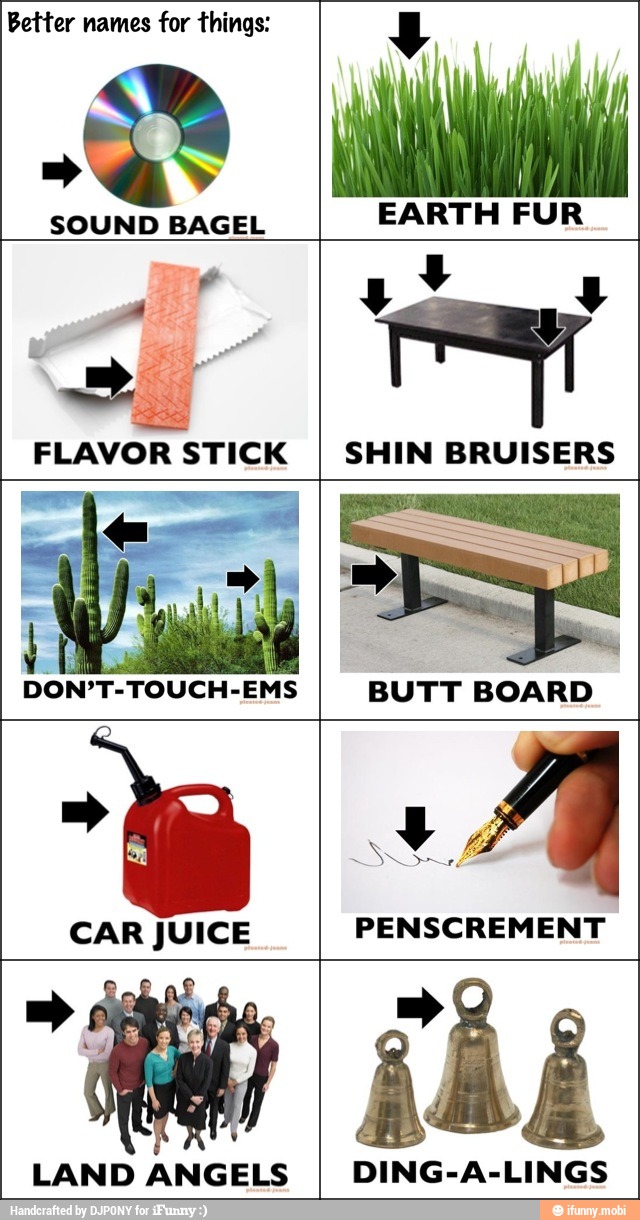 Better names for things:
FLAVOR STICK SHIN BRUISERS
LAND ANGELS
DING-A-LINGS