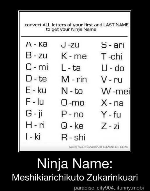 K Me L Ta P No R Shi Convert All Letters Of Your First And Last Name To Get Your Ninja Name S Ari U Do Y Ninja Name Meshikiarichikuto Zukarinkuari Ninja Name Meshikiarichikuto Zukarinkuari Ifunny