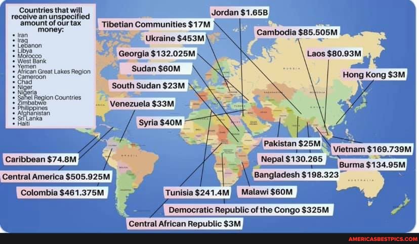 Countries that will receive an unspecified
'amount of our tax
tran
Yemen
Alnican Great Lakes Region
Cameroon
Shag
Safil Region countries
Zimbal
ipo
Jordan $1.65B
Ukraine Cambodia $85.505M
Georgia $132.025m
South Sudan
Venezuela
Syria
Philippines
Afananistan
SiLanks
Caribbean $74.8M
Central America $505.925M Colombia $461.375M
Democratic Republic of the Congo $325M
