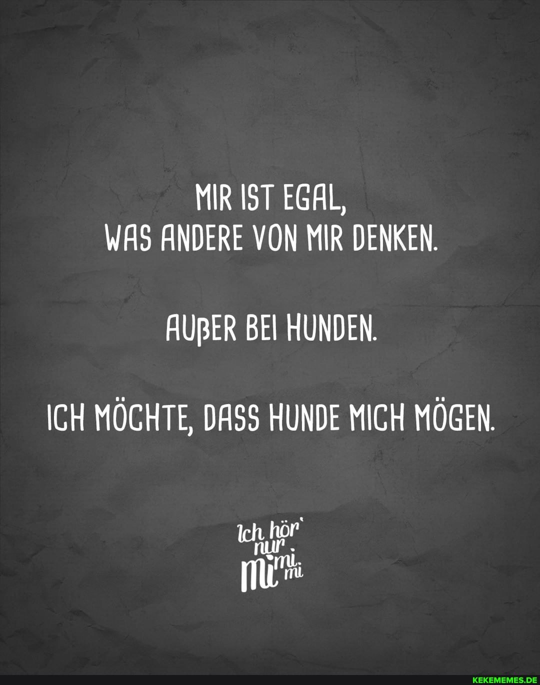MIR IST EGAL,
WAS ANDERE VON MIR DENKEN.
ICH MÖCHTE, DASS HUNDE MICH MÖGEN.
nur