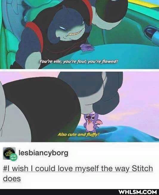 You're vile; you're foul, youre flawed/,
Also cute and fluffy!)
lesbiancyborg
wish I could love myself the way Stitch does
