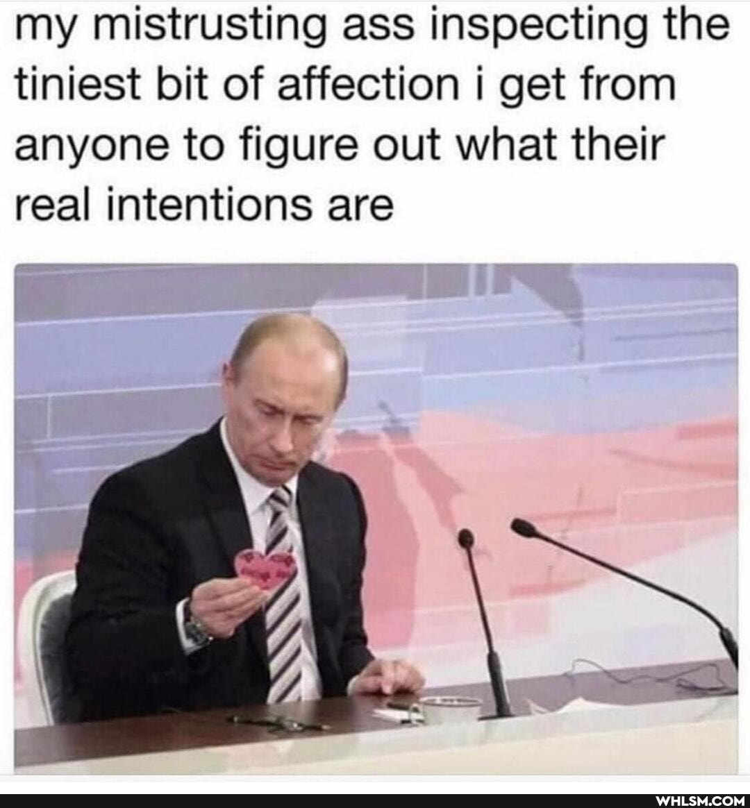 my mistrusting ass inspecting the tiniest bit of affection i get from anyone to figure out what their real intentions are
