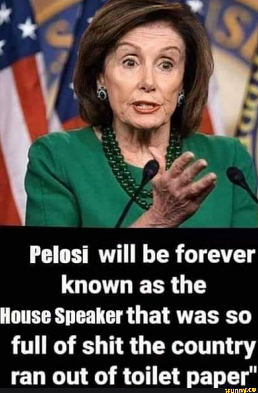 Pelosi will be forever
known as the
House Speaker that was so
full of shit the country
ran out of toilet paper"