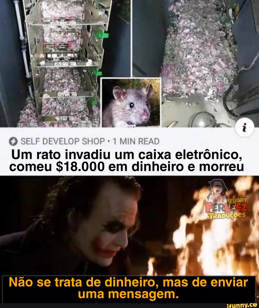 SELE DEVELOP SHOP MIN READ
Um rato invadiu um caixa eletrônico, comeu $18.000 em dinheiro e morreu
Não se trata de dinheiro, mas de enviar uma mensagem.