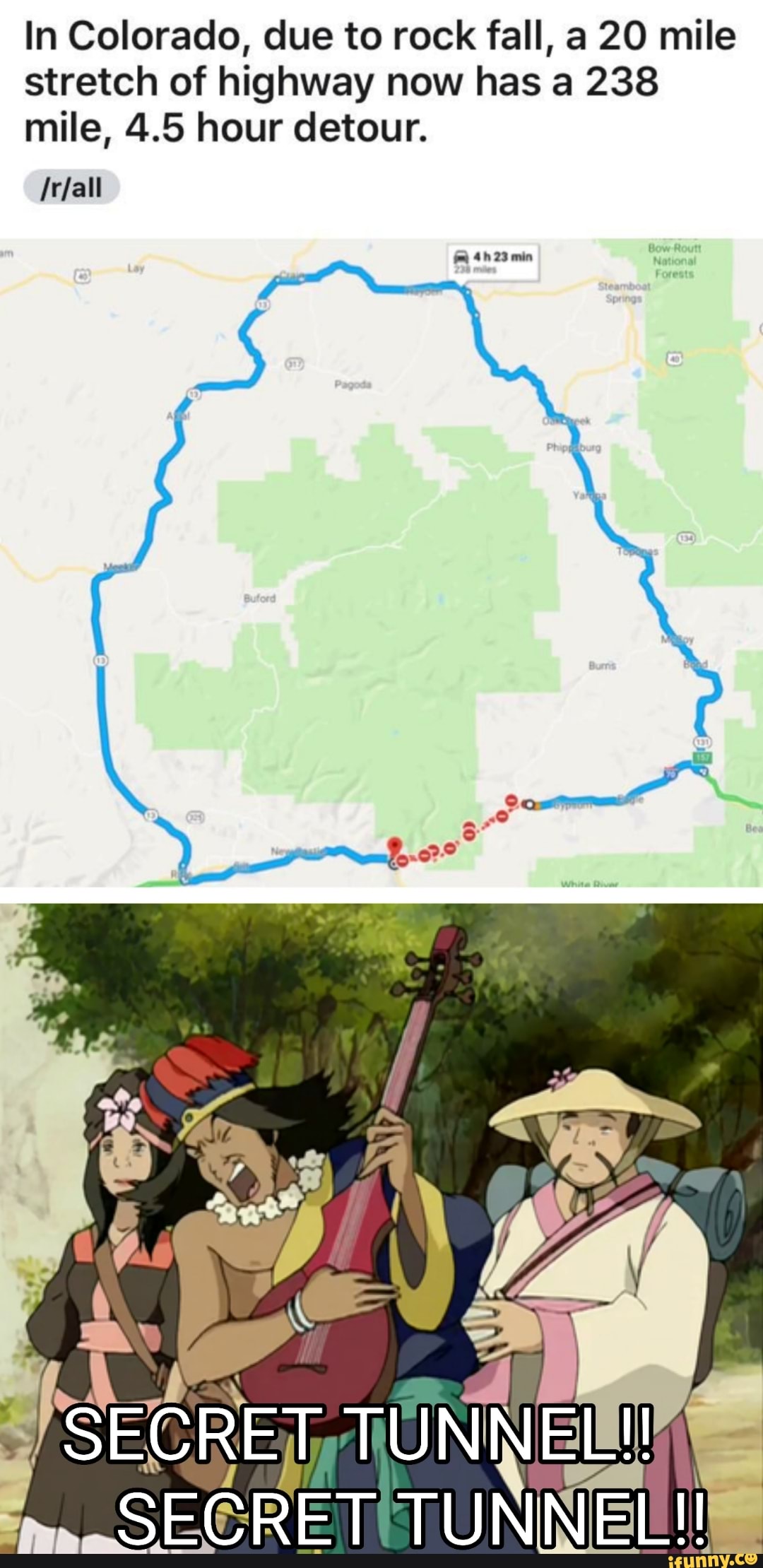 In Colorado, due to rock fall, a 20 mile
stretch of highway now has a 238
mile, 4.5 hour detour.