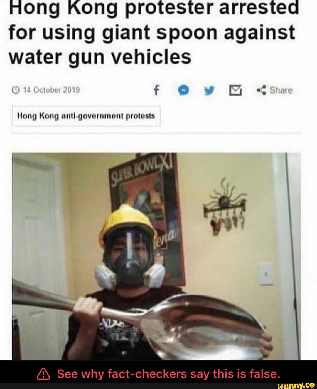 Hong Kong protester arrested
for using giant spoon against
water gun vehicles
Hong Kong antl.government protests