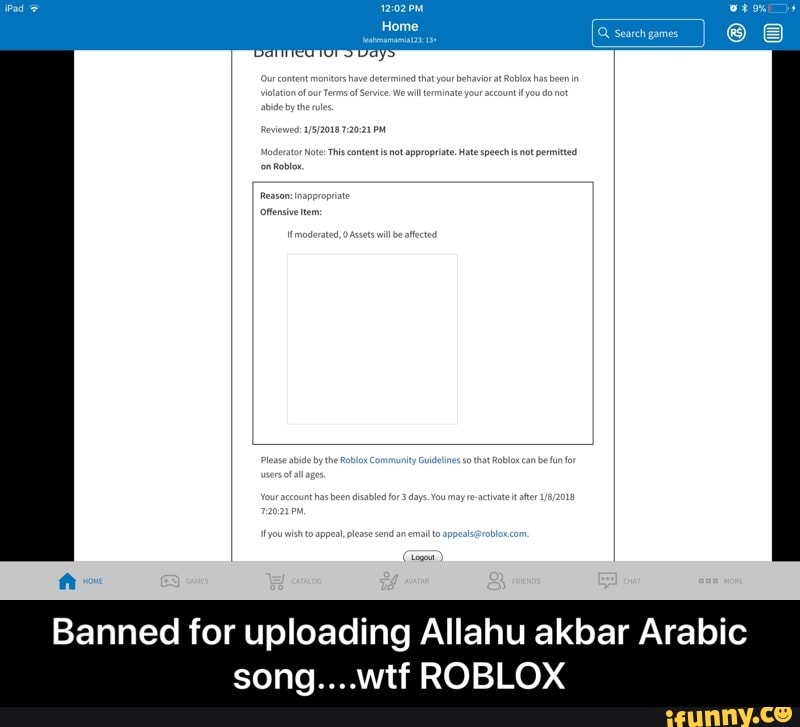 Banned For Uploading Allahu Akbar Arabic Song Wtf Roblox