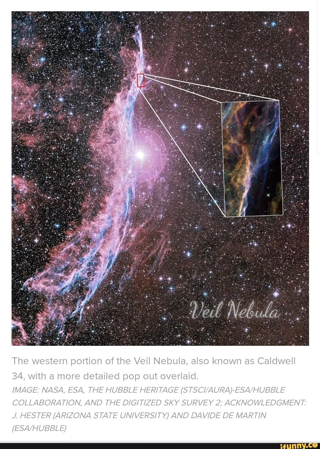 The western portion of the Veil Nebula, also known as Caldwell
34, with a more detailed pop out overlaid.
IMAGE: NASA, ESA, THE HUBBLE HERITAGE COLLABORATION, AND THE DIGITIZED SKY SURVEY 2; ACKNOWLEDGMENT:
Jd. HESTER (ARIZONA STATE UNIVERSITY) AND DAVIDE DE MARTIN