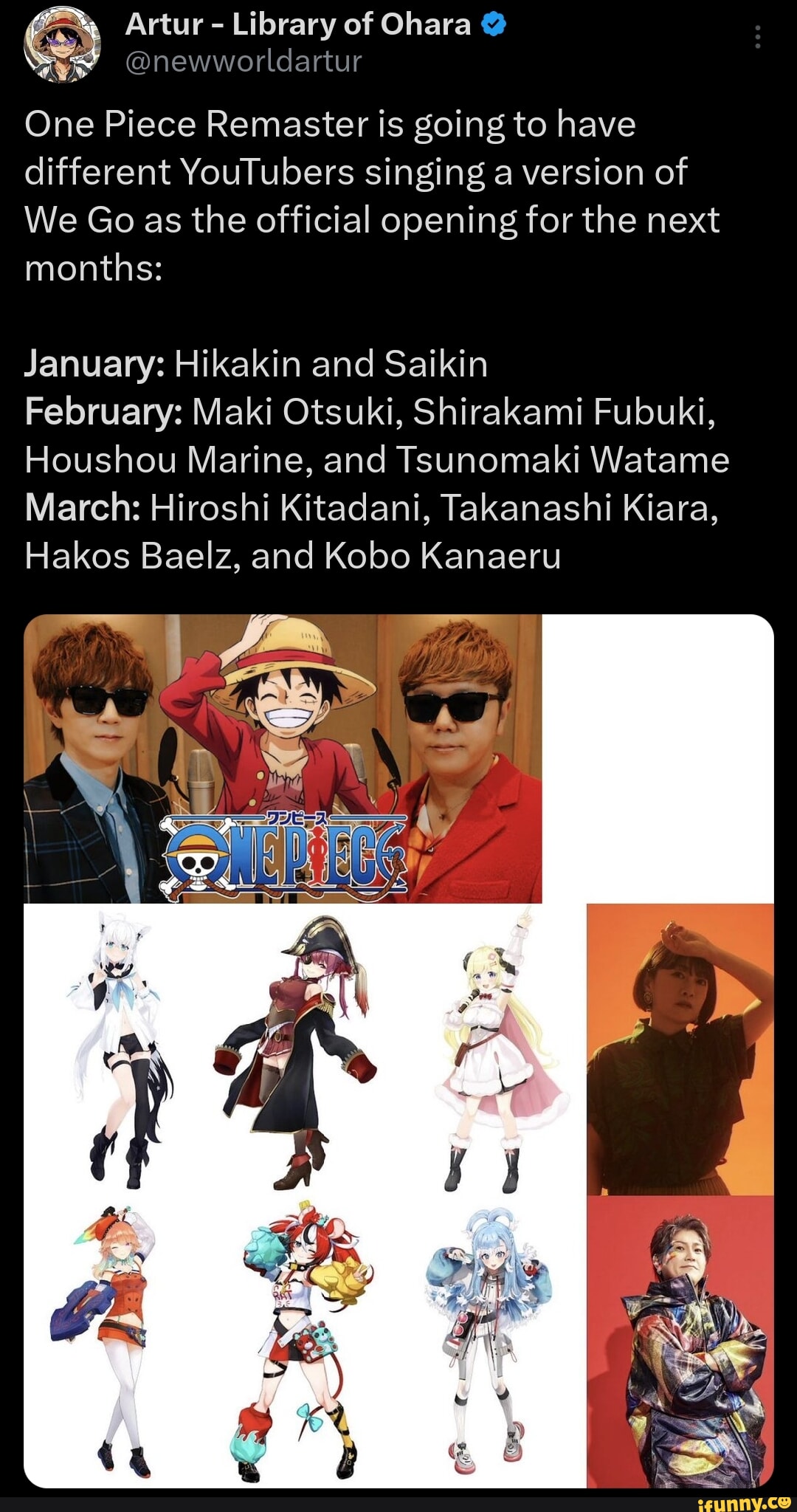 One Re Master One Piece Remaster is going to have different YouTubers singing a ...