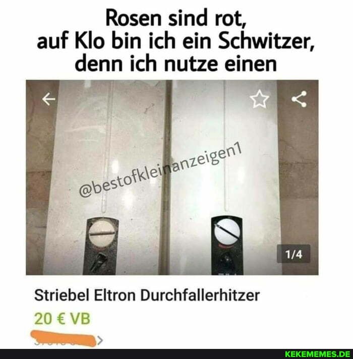 Rosen sind rot, auf Klo bin ich ein Schwitzer, denn ich nutze einen
Striebel Eltron Durchfallerhitzer
20
VB
