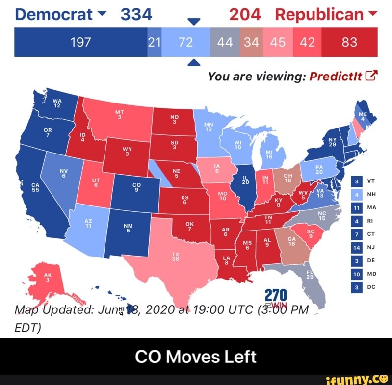 You are viewing: Predictit 7
Map Updated: Juny%8, 2020 at 19:00 UTC (3:00 PM ©
EDT)
CO Moves Left - CO Moves Left