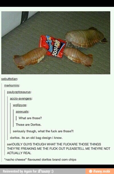wollipyos:
asexuals:
I What aro those?
Those are Doritos.
'seOUSLY GUYS THOUGH WHAT THE FUCKARE THOSE THINGS
'THEY'RE FREAKING ME THE FUCK OUT PLEASETELL ME THEYRE NOT
ACTUALLY REAL
"nacho cheese" flavoured doritos brand com chips