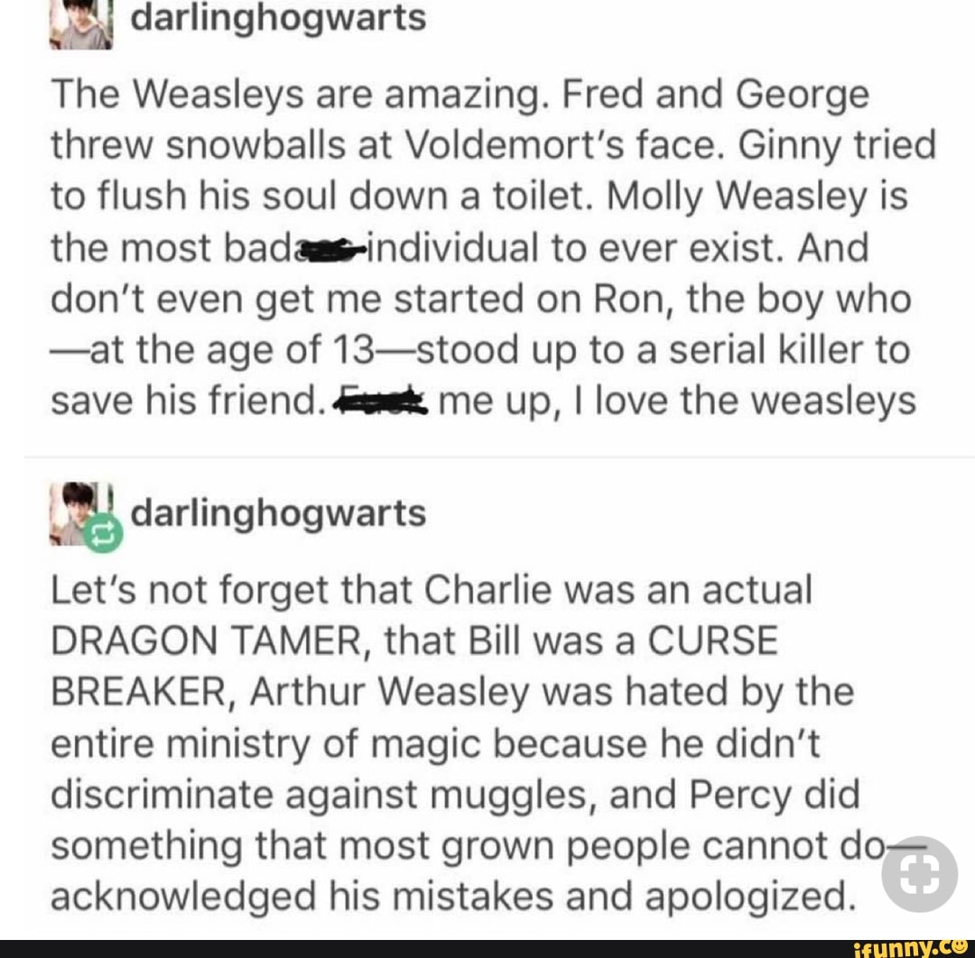 ª darlinghogwarts The Weasleys are amazing. Fred and George threw