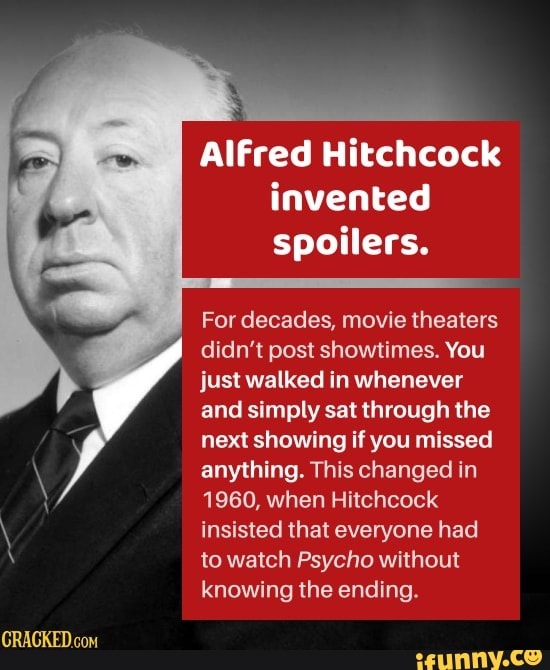 Alfred Hitchcock invented spoilers. For decades, movie theaters didn't Alfred Hitchcock invented spoilers. For decades, movie theaters didn't