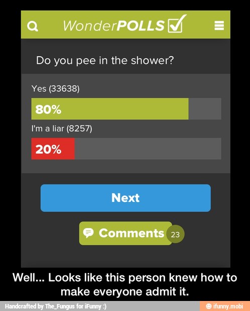 Do you pee in the shower?
Yes (33638)
a liar (8257)
Well... Looks like this person knew how to
make everyone admit it. - Well... Looks like this person knew how to make everyone admit it.