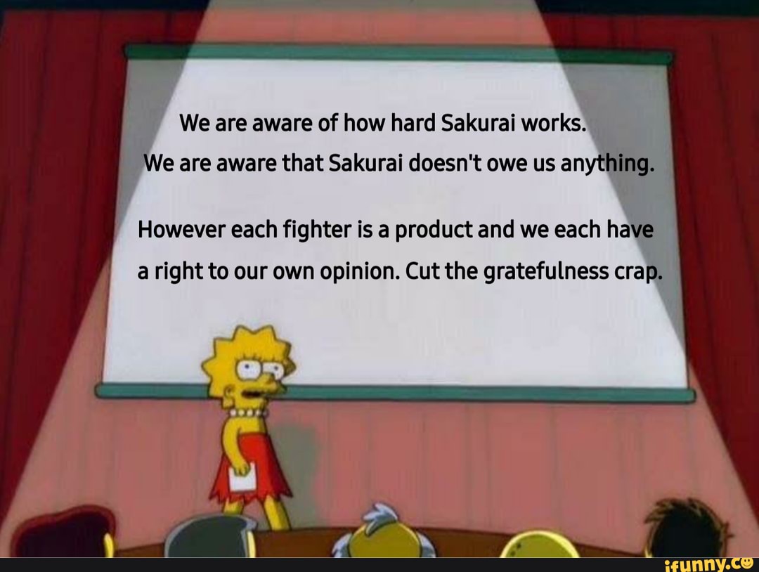 We are aware of how hard Sakurai works.
le are aware that Sakurai doesn't owe us an
However each fighter is a product and we each ha
a right to our own opinion. Cut the gratefulness crap