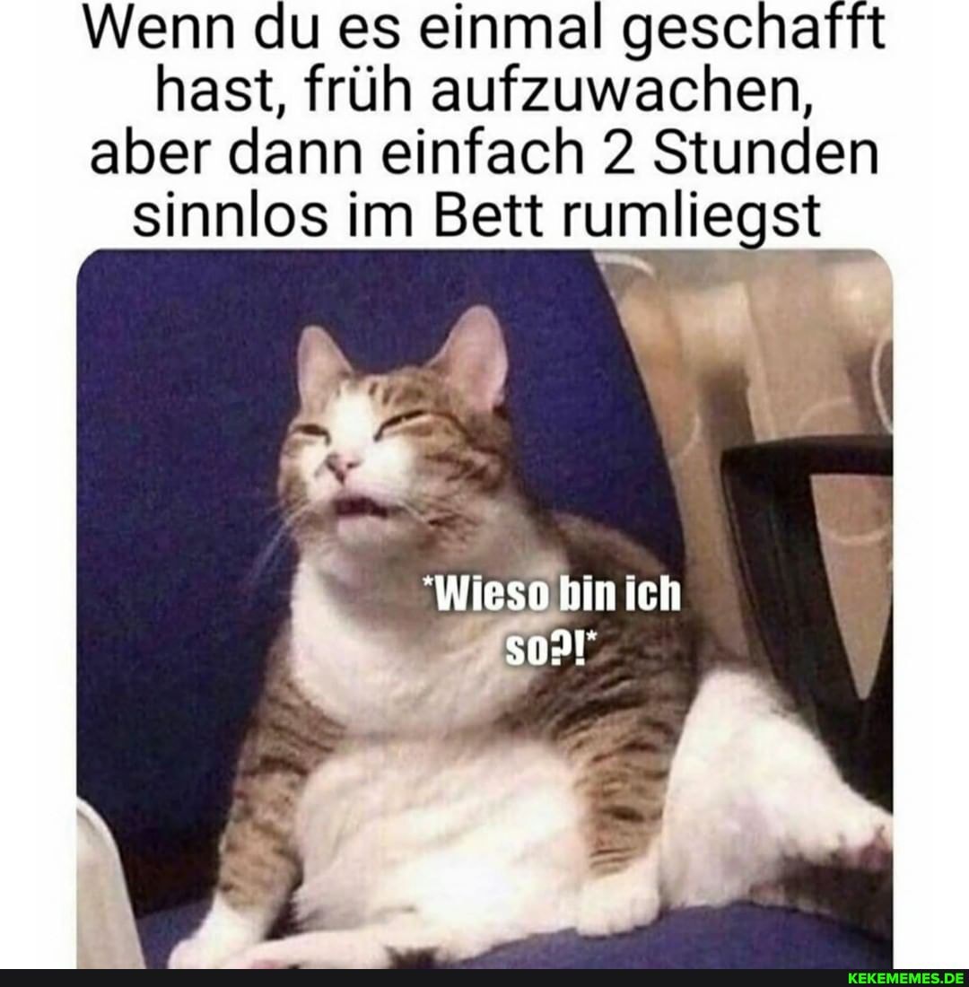 Wenn du es einmal geschafft hast, früh aufzuwachen, aber dann einfach 2 Stunden sinnlos im Bett rumliegst
"Wieso hin ich