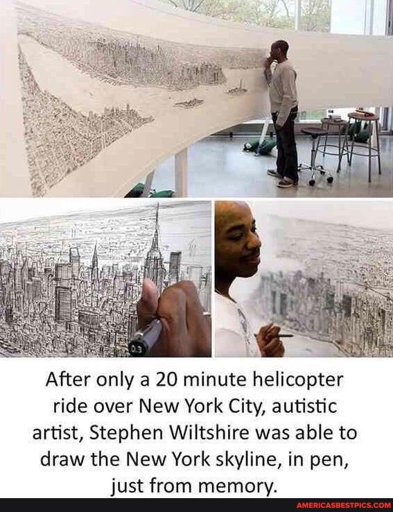 After only a 20 minute helicopter ride over New York City, autistic artist, Stephen Wiltshire was able to draw the New York skyline, in pen,