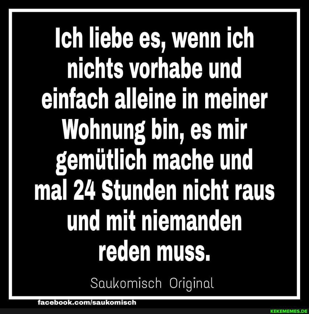 Ich liebe es, wenn ich nichts vorhabe und einfach alleine in meiner
Wohnung bin, es mir
gemütlich mache und mal 24 Stunden nicht raus und mit niemanden reden muss,
Saukomisch Original