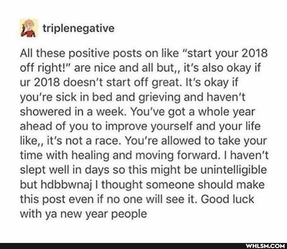 All these positive posts on like "start your 2018 off right!" are nice and all but,, it's also okay if ur 2018 doesn't start off great. It's okay if you're sick in bed and grieving and haven't showered in a week. You've got a whole year ahead of you to improve yourself and your life like,, it's not a race. You're allowed to take your time with healing and moving forward. I haven't slept well in days so this might be unintelligible but hdbbwnaj I thought someone should make this post even if no one will see it. Good luck with ya new year people