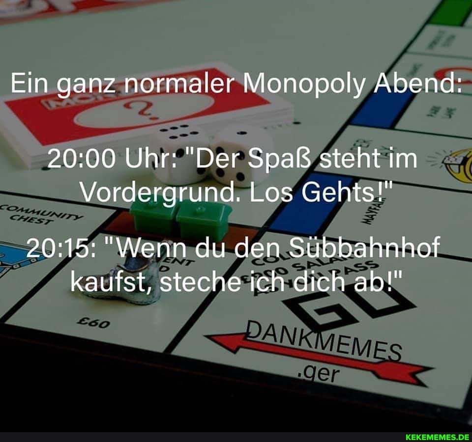 Ein ganz normaler Monopoly Abend:
Uhr: "Der Spaß steht im
Vordergrund. Los Gehts!"
"Wenn du den Subbahnhof kaufst, steche ich dich ab!"