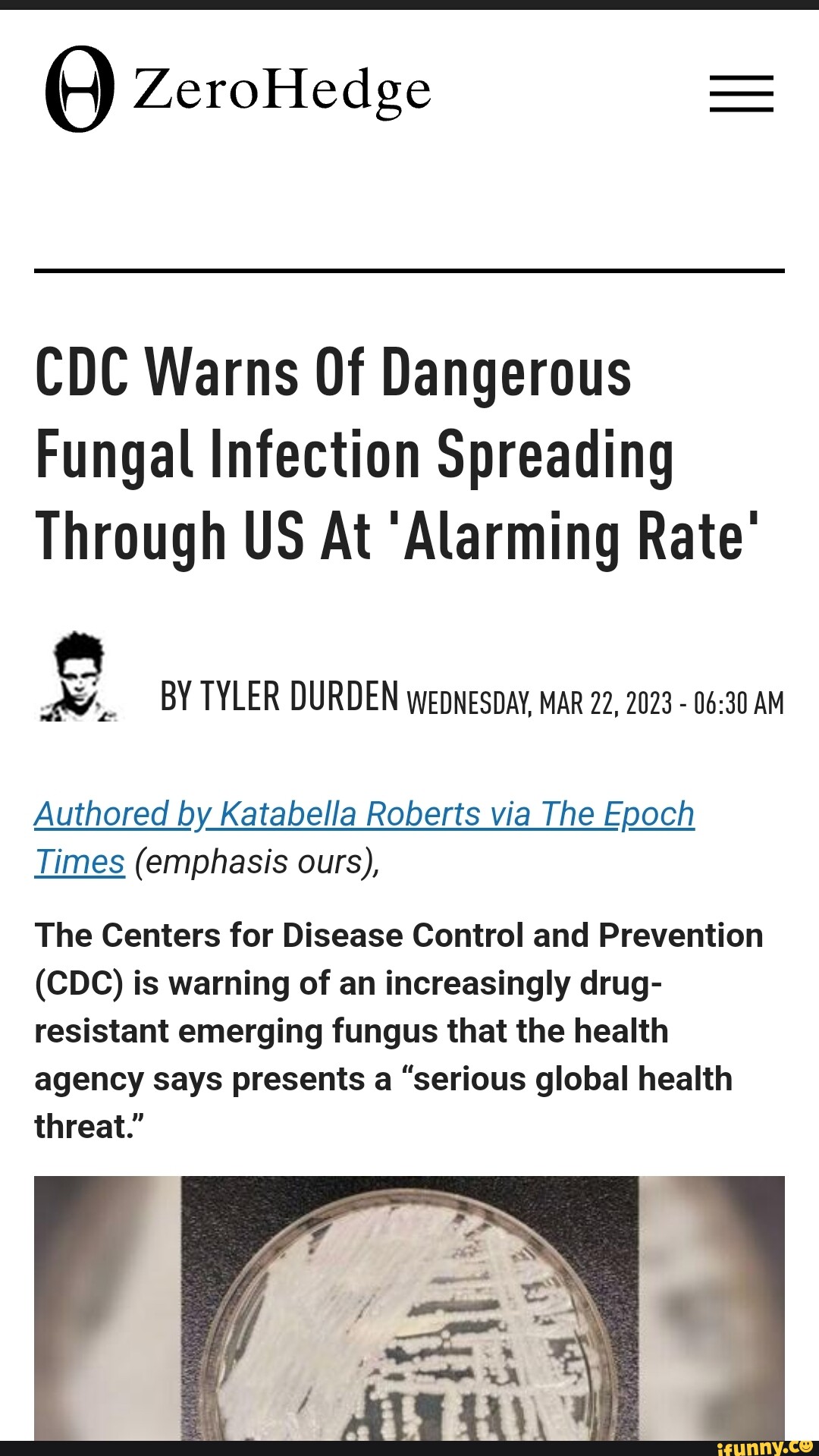 ZeroHedge CDC Warns Of Dangerous Fungal Infection Spreading Through US