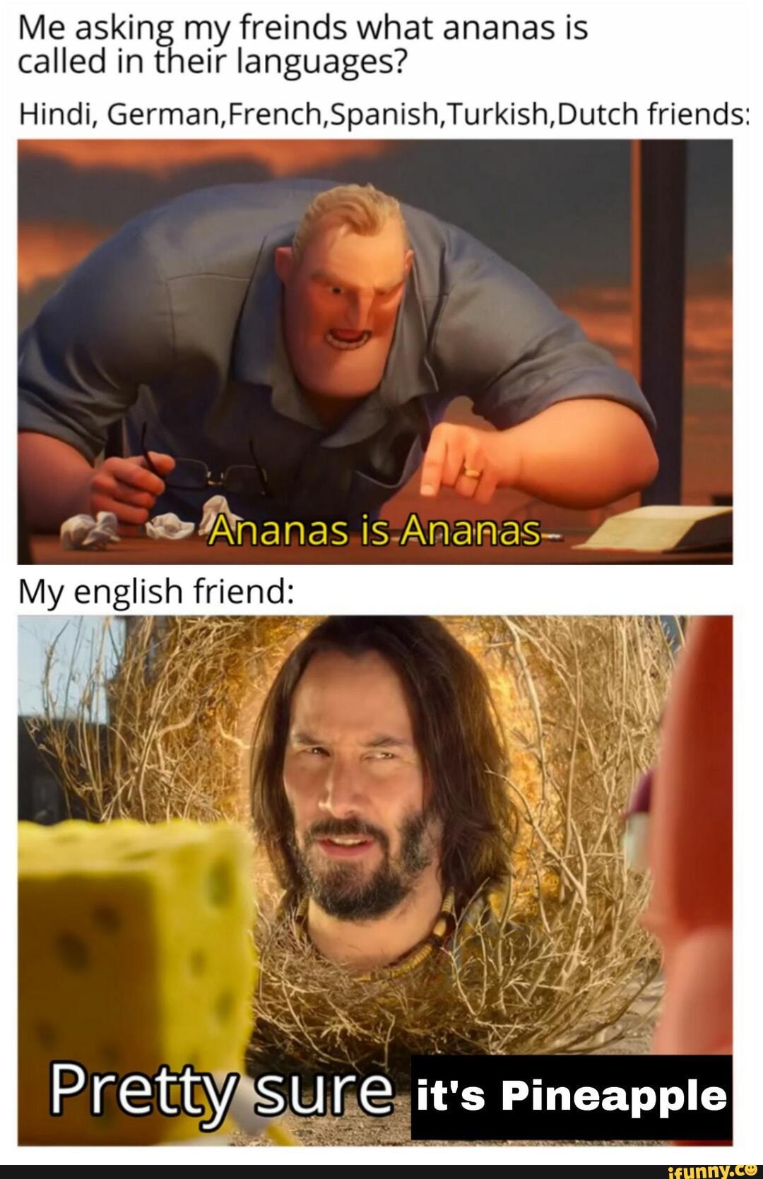 Me asking my freinds what ananas is
called in their languages?
Hindi, German,French,Spanish,Turkish,Dutch friends: