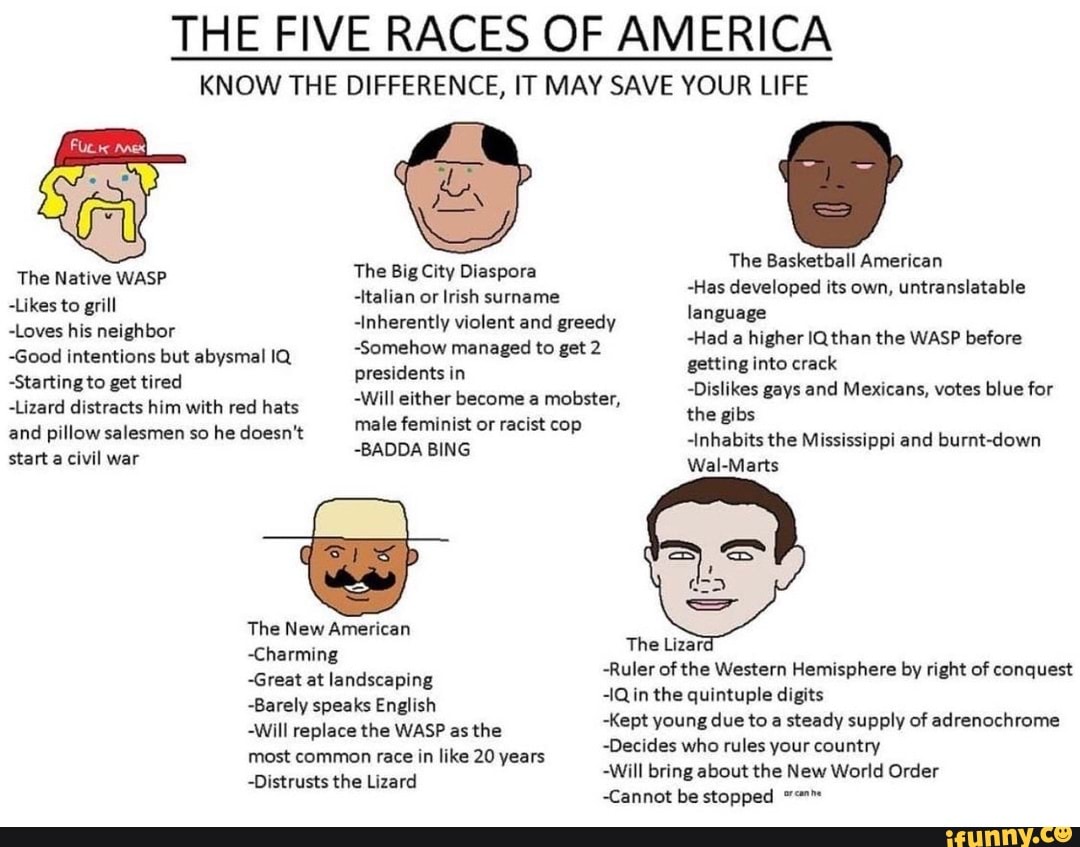 THE FIVE RACES OF AMERICA
KNOW THE DIFFERENCE, IT MAY SAVE YOUR LIFE
The Basketball American
The Native WASP The Big City Diaspora
-Likes to grill -Italian or Irish surname -Has developed its own, untranslatable
-Loves his neighbor -Inherently violent and greedy language
-Had a higher IQ than the WASP before getting into crack
-Dislikes gays and Mexicans, votes blue for
-Good intentions but abysmal IQ -Somehow managed to get ettin; crack
-Starting to get tired presidents in
-Lizard distracts him with red hats -Will either become a mobster,
the gibs male feminist or racist coy and pillow salesmen so he doesn't BING or racist cop -Inhabits the Mississippi and burnt-down start civil war Wal-Marts
The New American
-Charming
-Great at landscaping
-Barely speaks English
-Will replace the WASP as the most common race in like 20 years
-Distrusts the Lizard
The Lizard
-Ruler of the Western Hemisphere by right of conquest in the quintuple digits
-Kept young due to a steady supply of adrenochrome
-Decides who rules your country
-Will bring about the New World Order
-Cannot be stopped