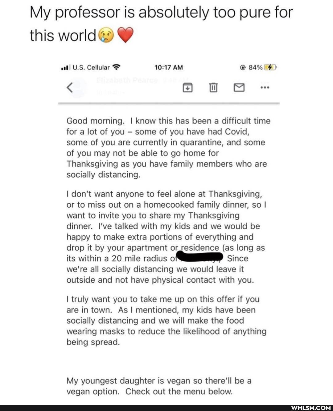 My professor is absolutely too pure for this world@)
US. Cellular AM 84%
< OH wa
Good morning. I know this has been a difficult time for a lot of you some of you have had Covid, some of you are currently in quarantine, and some of you may not be able to go home for
Thanksgiving as you have family members who are socially distancing.
I don't want anyone to feel alone at Thanksgiving, or to miss out on a homecooked family dinner, so I want to invite you to share my Thanksgiving dinner. I've talked with my kids and we would be happy to make extra portions of everything and drop it by your apartment or esidence (as long as its within a 20 mile radius Since we're all socially distancing we would leave it outside and not have physical contact with you.
I truly want you to take me up on this offer if you are in town. As I mentioned, my kids have been socially distancing and we will make the food wearing masks to reduce the likelihood of anything being spread.
My youngest daughter is vegan so there'll be a vegan option. Check out the menu below.