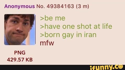 Anonymous No. 49384163 (3 m)
>be me
>have one shot at life
>born gay in iran
mfw
PNG
429.57 KB