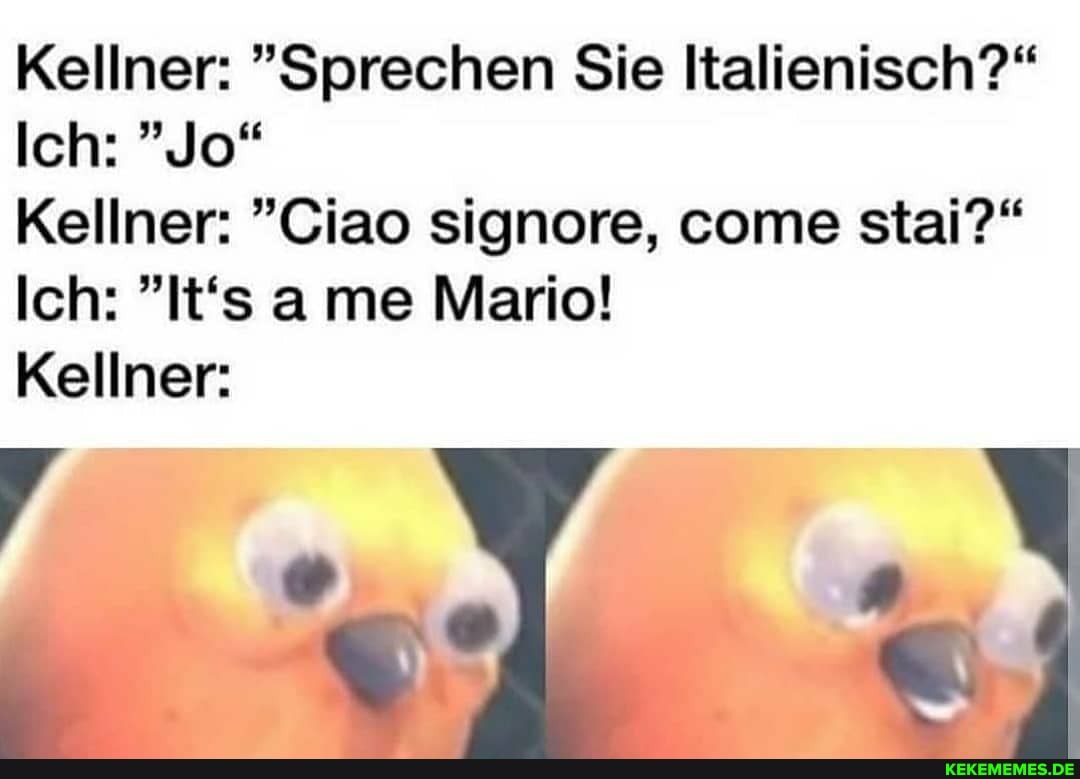 Kellner: "Sprechen Sie Italienisch?"
Ich: "Jo"
Kellner: "Ciao signore, come stai?"
Ich: "It's ame Mario!
Kellner: