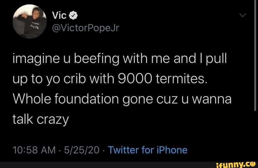 imagine u beefing with me and I pull
up to yo crib with 9000 termites.
Whole foundation gone cuz u wanna
talk
10:58 AM
Twitter for iPhone