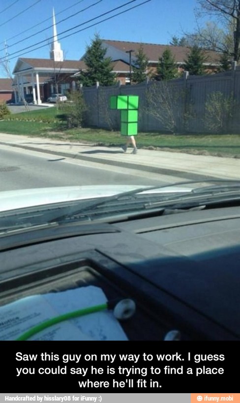 Saw this guy on my way to work. I guess
you could say he is trying to find a place
where he'll fit in. - Saw this guy on my way to work. I guess you could say he is trying to find a place where he'll fit in.