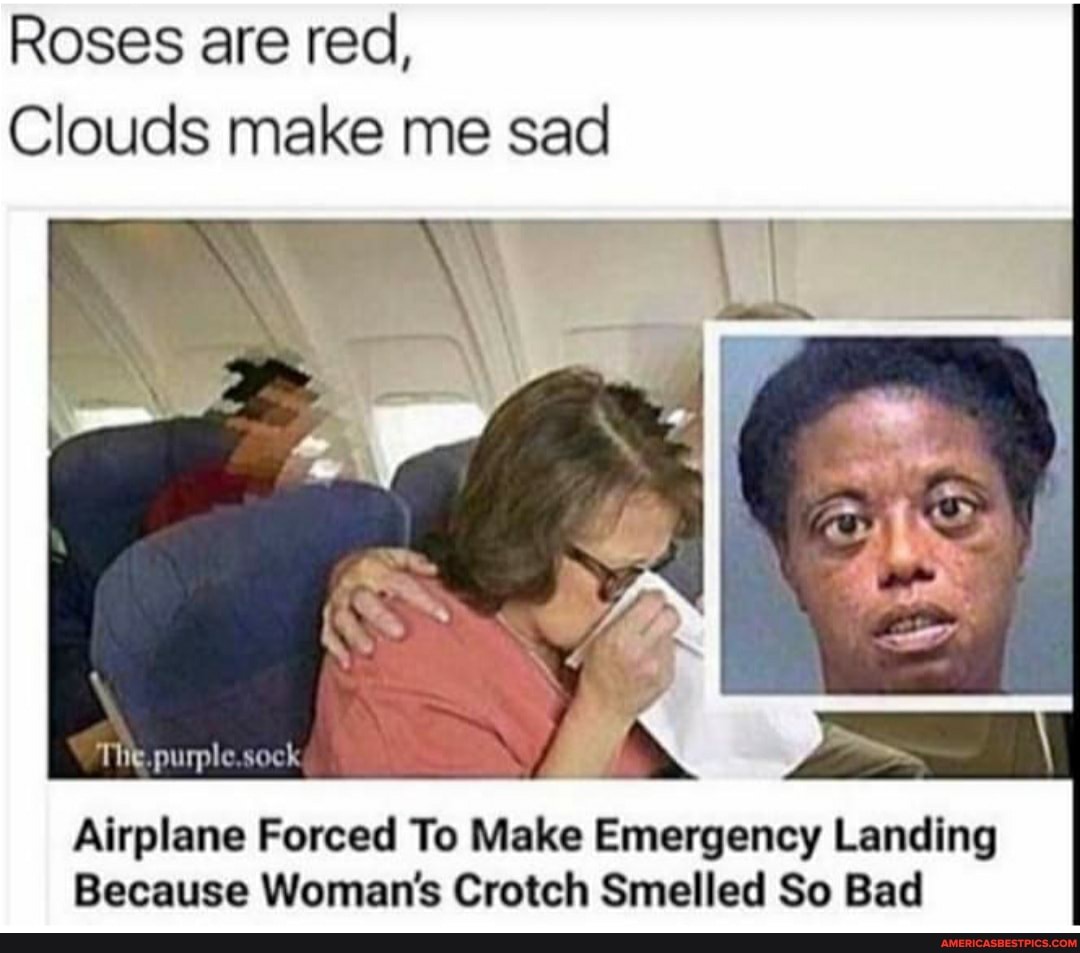 Roses are red,
Clouds make me sad
purple.sock
Airplane Forced To Make Emergency Landing
Because Woman's Crotch Smelled So Bad