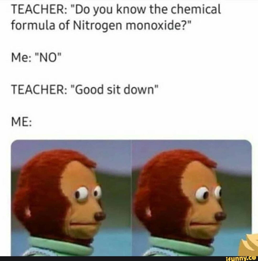 TEACHER "Do you know the chemical formula of Nitrogen monoxide?" Me
