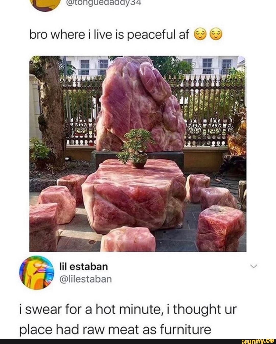 à 4 EA BIS CIA LO 10 bo had
bro where
i live is peaceful af &
lil estaban Dd @lilestaban
i swear for a hot minute, i thought ur
place had raw meat as furniture