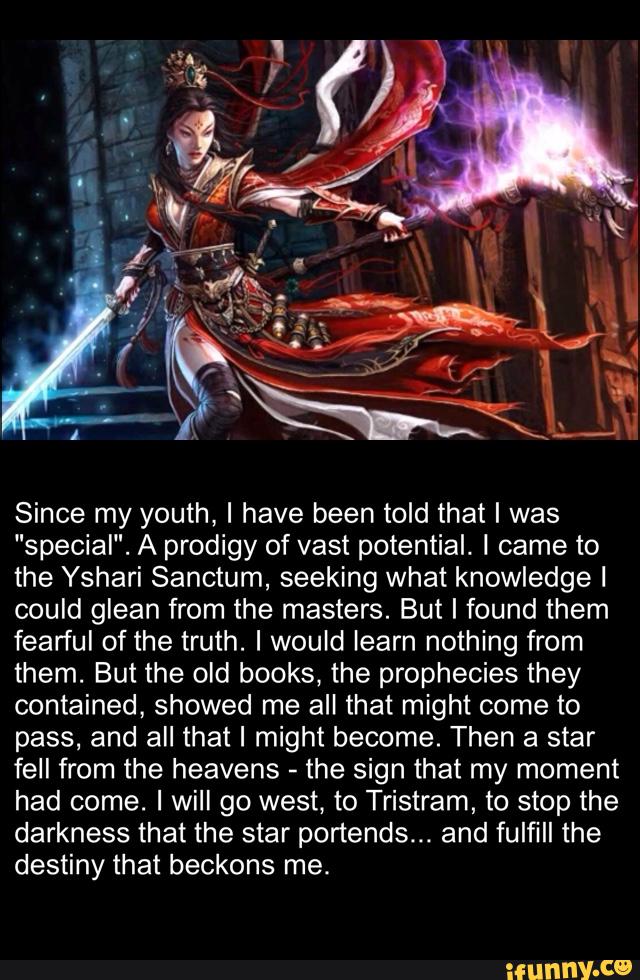 Since my youth, I have been told that I was
"special“. A prodigy of vast potential. I came to
the Yshari Sanctum, seeking what knowledge I
could glean from the masters. But I found them
fearful of the truth. I would learn nothing from
them. But the old books, the prophecies they
contained, showed me all that might come to
pass, and all that I might become. Then a star
fell from the heavens
-
the sign that my moment
had come. I will go west, to Tristram, to stop the
darkness that the star portends... and fulfill the
destiny that beckons me.