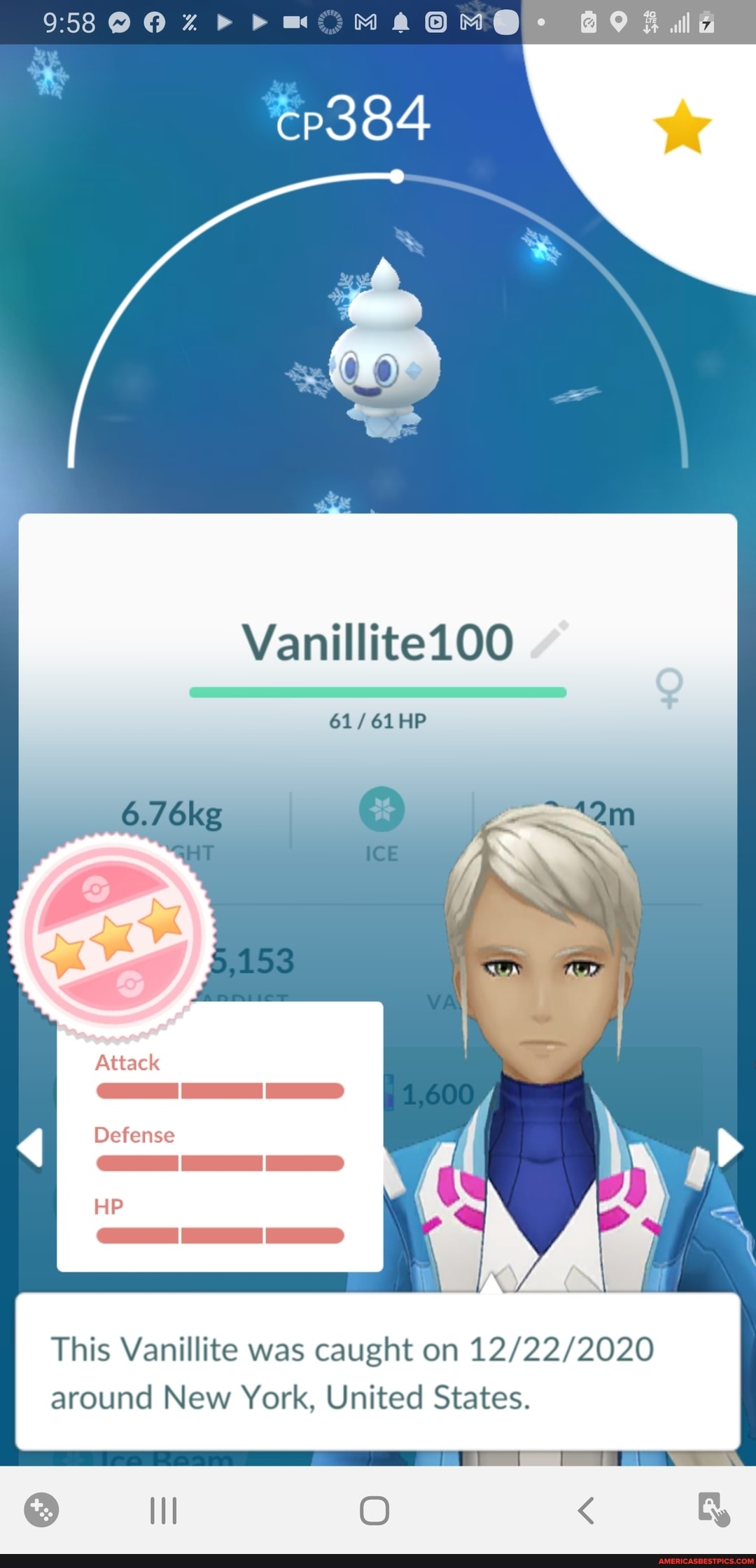 OM
Vanillite100
6.7
Attack
Gl laa
Defense
This Vanillite was caught on around New York, United States.