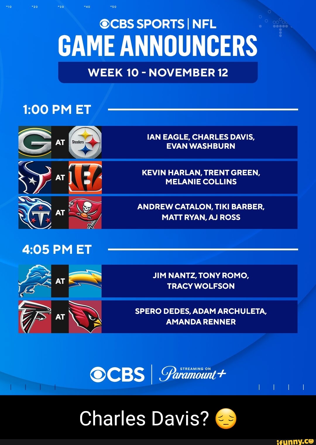 CBS SPORTS I NFL GAME ANNOUNCERS WEEK 10 NOVEMBER 12 PM ET IAN EAGLE