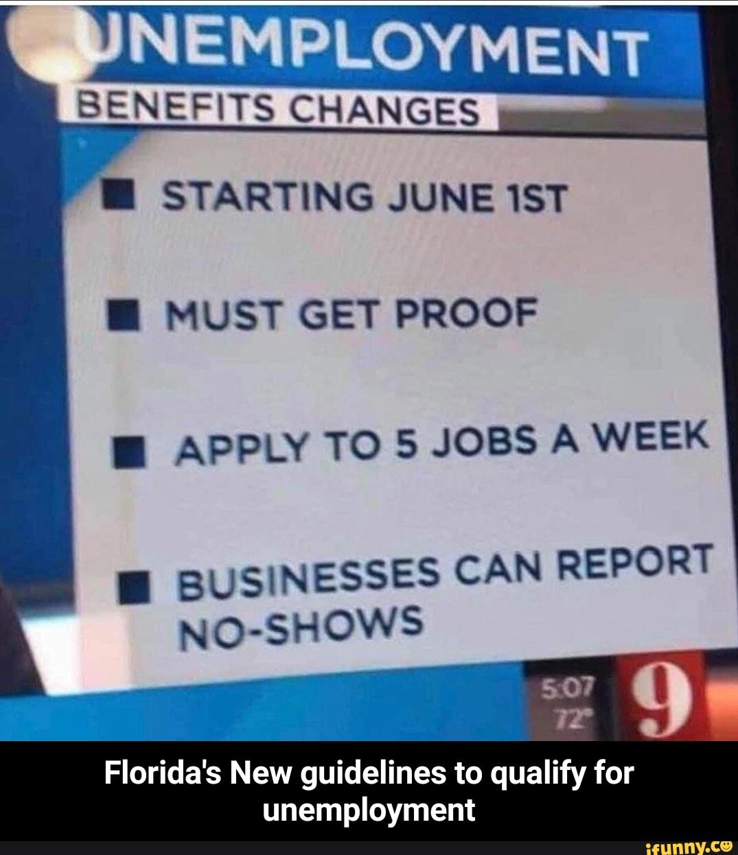 BENEFITS CHANGES
STARTING JUNE IST
MUST GET PROOF APPLY TO 5 JOBS A WEEK
BUSINESSES CAN REPORT NO-SHOWS
Florida's New guidelines to qualify for unemployment - Florida's New guidelines to qualify for unemployment
