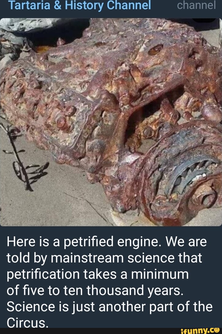 Tartaria & History Channel channel Here is a petrified engine. We are told by mainstream science that petrification takes a minimum of five to ten thousand years. Science is just another part of the Circus.