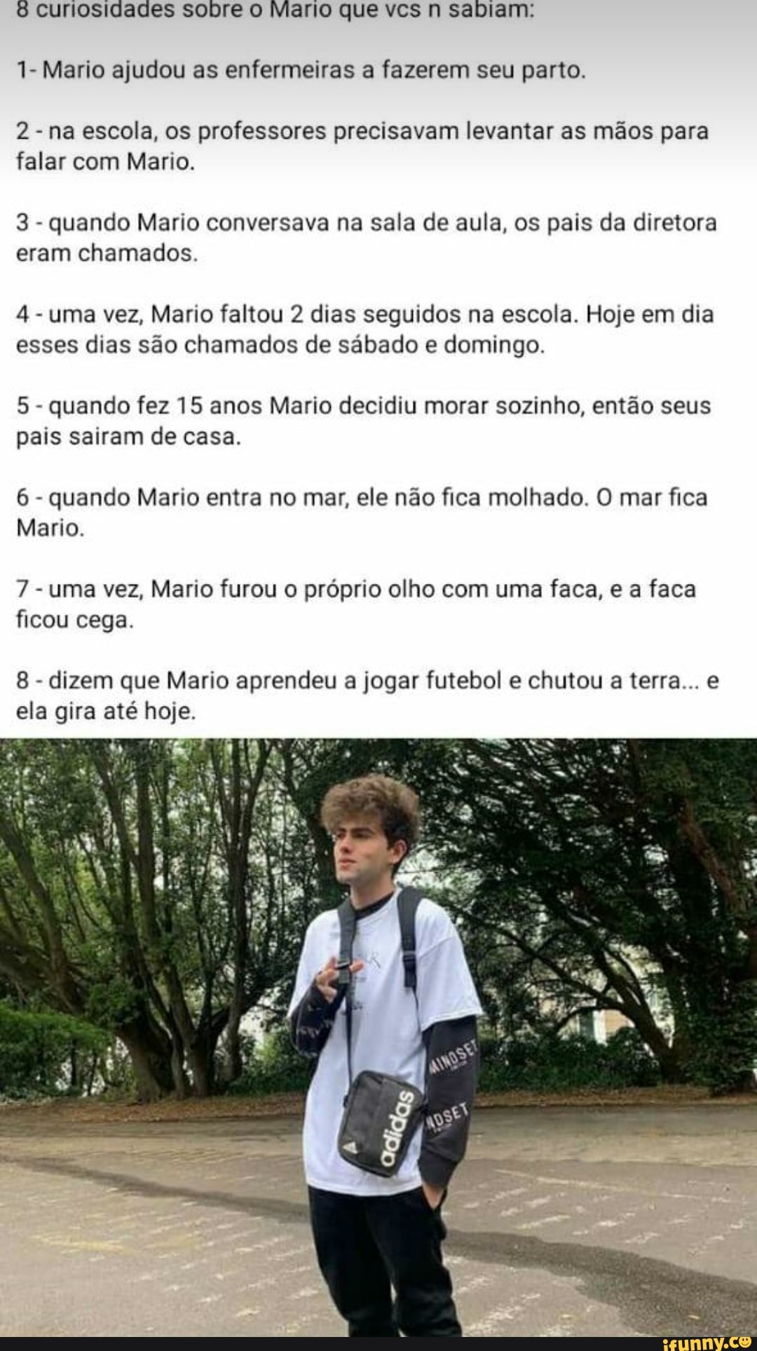 que
1- Mario ajudou as enfermeiras a fazerem seu parto.
2
na escola, os professores precisavam levantar as mãos para
falar com Mario.
3
quando Mario conversava na sala de aula, os pais da diretora
eram chamados.
uma vez, Mario faltou 2 dias seguidos na escola. Hoje em dia
esses dias são chamados de sábado e domingo.
5
quando fez 15 anos Mario decidiu morar sozinho, então seus
pais sairam de casa.
6
quando Mario entra no mar, ele não fica molhado. O mar fica
Mario.
7
uma vez, Mario furou o próprio olho com uma faca, e a faca
ficou cega.
8
dizem que Mario aprendeu a jogar futebol e chutou a terra... e
ela gira até hoje.