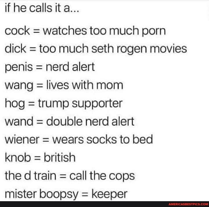 if he calls it a...
cock = watches too much porn dick = too much seth rogen movies penis = nerd alert
wang = lives with mom
hog = trump supporter
wand = double nerd alert
wiener = wears socks to bed
knob = british
the d train = call the cops
mister boopsy = keeper