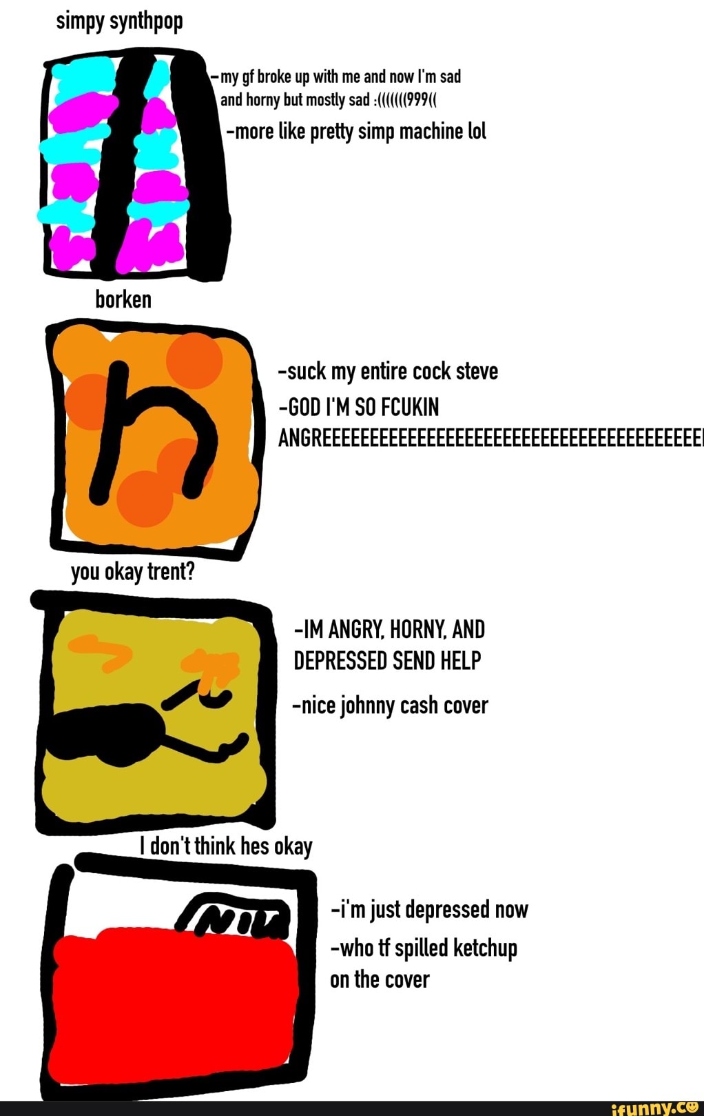 simpy synthpop
my gf broke up with me and now I'm sad and horny but mostly sad :(((((((999((
-more like pretty simp machine lol
borken
you okay trent?
-suck my entire cock steve
-GOD I'M SO FCUKIN ANGREEEEEEEEEEEEEEEEEEEEEEEEEEEEEEEEEEEEEEEE
~IM ANGRY, HORNY, AND DEPRESSED SEND HELP
-nice johnny cash cover
I don't think hes okay
-i'm just depressed now
-who spilled ketchup on the cover