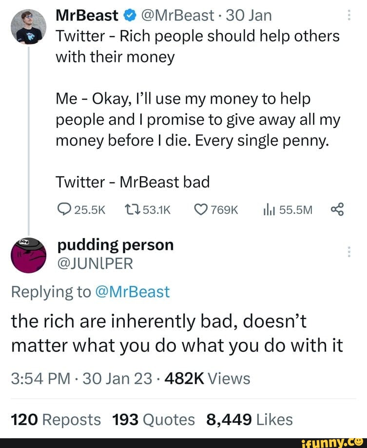 MrBeast @ @MrBeast - 30 Jan Twitter - Rich people should help others ...