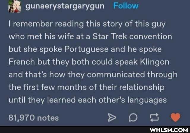remember reading this story of this guy who met his wife at a Star Trek convention but she spoke Portuguese and he spoke
French but they both could speak Klingon and that's how they communicated through the first few months of their relationship until they learned each other's languages
81.970 notes >
